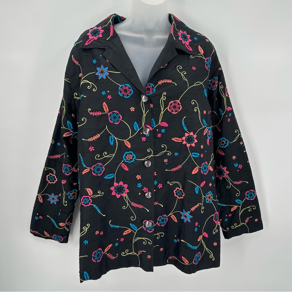 LAURA ASHLEY Silk Blazer Top Womens 1X Plus Embroidered Jacket Flowers of Summer